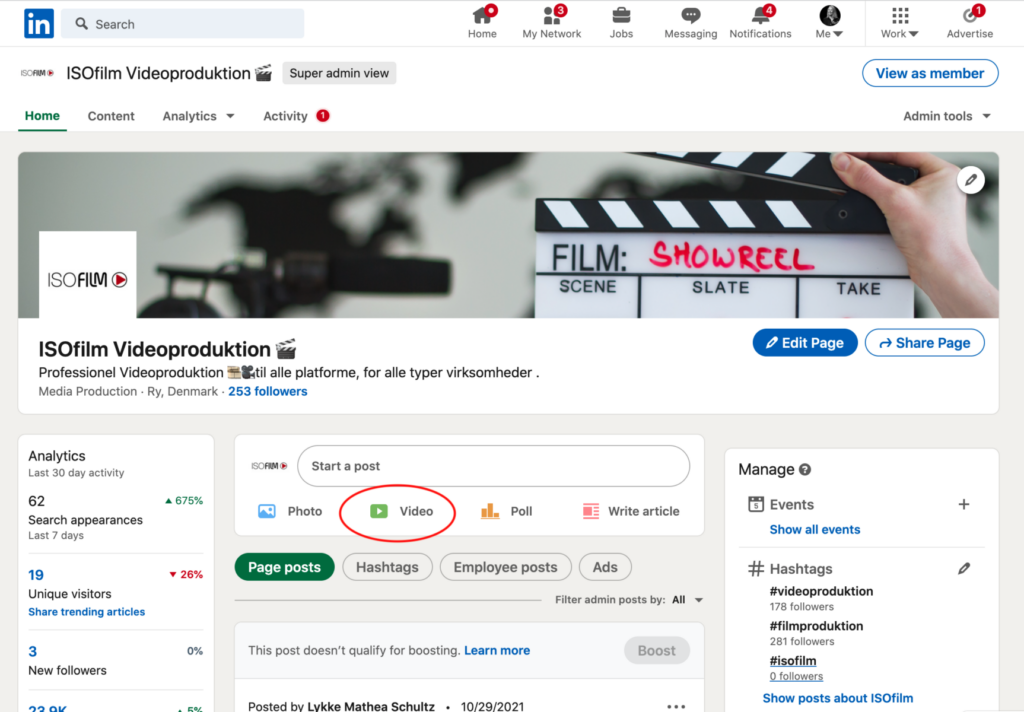 Skærmdump fra LinkedIn i forhold til upload af video